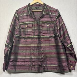 Multiples Womens Top Jacket 1X Plus Green Purple Striped Retro Statement